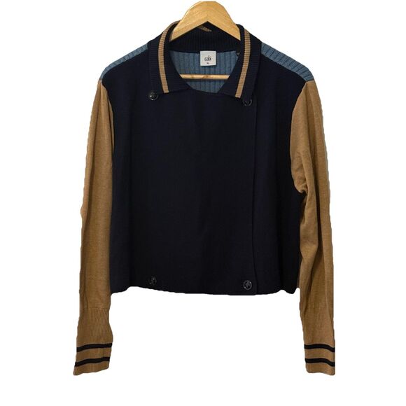 Cabi Style 3703 Knit Sweater Jacket Cardigan XL Navy Tan Colorblock Button Front - Picture 2 of 9